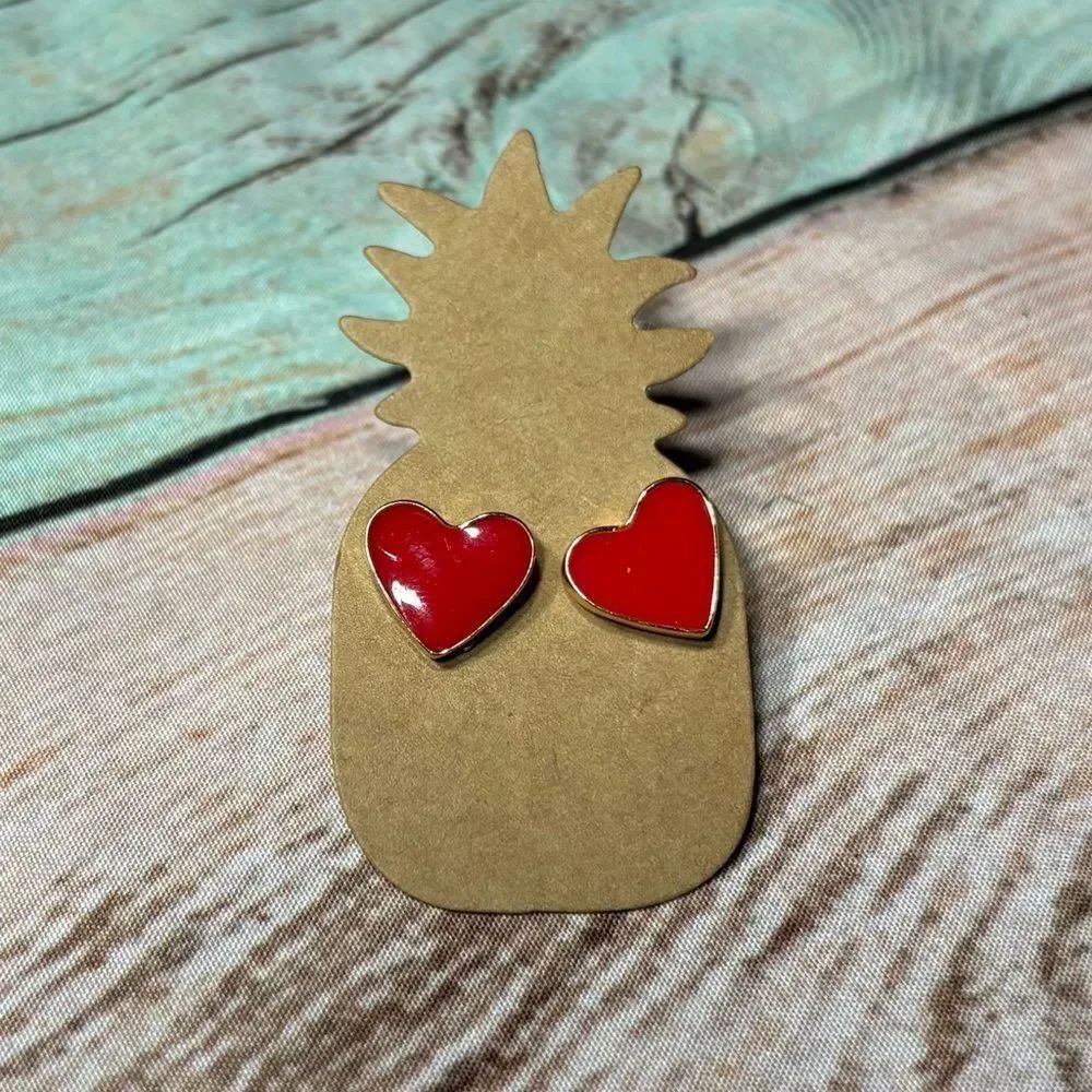New Red Heart Stud Earrings - Cute Enamel Hearts with Gold Trim
